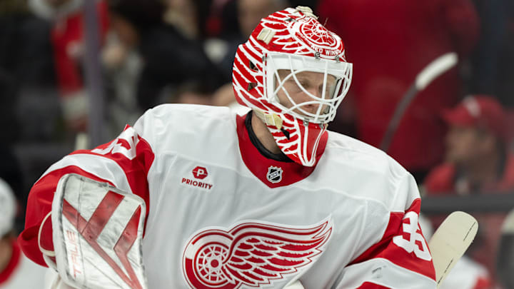Dec 5, 2024; Ottawa, Ontario, CAN;  Detroit Red Wings goalie Ville Husso (35) skates in the second period against the Ottawa Senators at the Canadian Tire Centre. Mandatory Credit: Marc DesRosiers-Imagn Images