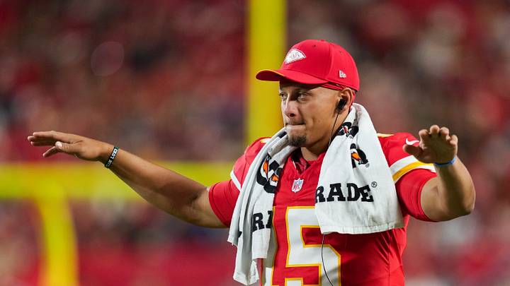Aug 28, 2026; Kansas City, Missouri, USA; Kansas City Chiefs quarterback Patrick Mahomes (15) quiets the crowd during the second half against the Seattle Seahawks at Arrowhead Stadium. Mandatory Credit: Jay Biggerstaff-Imagn Images