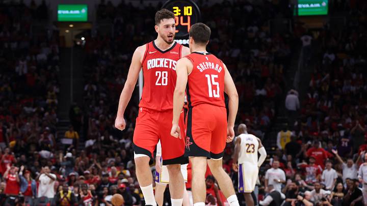 Apr 26, 2026; Houston, Texas, USA; Houston Rockets center Alperen Sengun (28) reacts with guard Reed Sheppard (15) after a play during the third quarter against the Los Angeles Lakers during game four of the first round of the 2026 NBA Playoffs at Toyota Center. Mandatory Credit: Troy Taormina-Imagn Images Apr 26, 2026; Houston, Texas, USA; Houston Rockets center Alperen Sengun (28) reacts with guard Reed Sheppard (15) after a play during the third quarter against the Los Angeles Lakers during game four of the first round of the 2026 NBA Playoffs at Toyota Center. Mandatory Credit: Troy Taormina-Imagn Images