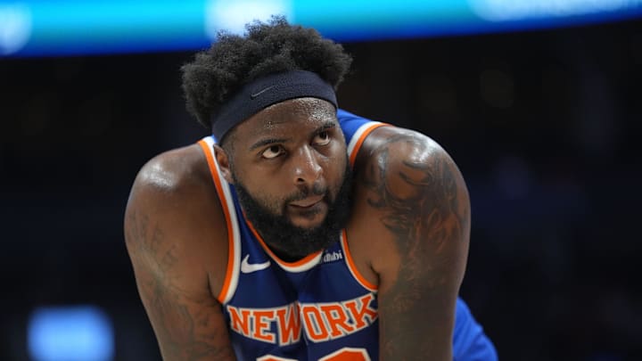 Mar 3, 2026; Toronto, Ontario, CAN; New York Knicks center Mitchell Robinson (23) during a break in the action against the Toronto Raptors during the second half at Scotiabank Arena. Mandatory Credit: John E. Sokolowski-Imagn Images