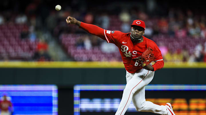 May 3, 2025; Cincinnati, Ohio, USA; Cincinnati Reds relief pitcher Luis Mey (62) pitches against the Washington Nationals in the ninth inning at Great American Ball Park. Mandatory Credit: Katie Stratman-Imagn Images