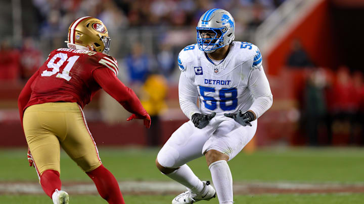 Dec 30, 2024; Santa Clara, California, USA; Detroit Lions offensive tackle Penei Sewell (58) during the game against the San Francisco 49ers at Levi's Stadium. Mandatory Credit: Sergio Estrada-Imagn Images