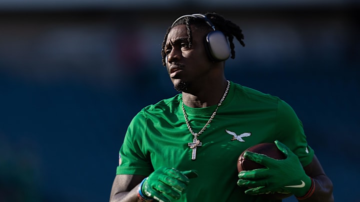 Nov 3, 2024; Philadelphia, Pennsylvania, USA; Philadelphia Eagles wide receiver A.J. Brown warms up before action against the Jacksonville Jaguars. Nov 3, 2024; Philadelphia, Pennsylvania, USA; Philadelphia Eagles wide receiver A.J. Brown warms up before action against the Jacksonville Jaguars.