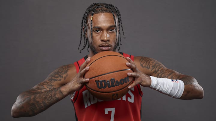 Sep 30, 2024; Houston, TX, USA; Houston Rockets forward Cam Whitmore (7) during Houston Rockets media day. Mandatory Credit: Troy Taormina-Imagn Images
