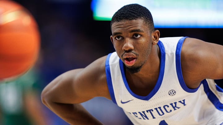 Nov 4, 2024; Lexington, Kentucky, USA; Kentucky Wildcats guard Lamont Butler (1) defends during the second half against the Wright State Raiders at Rupp Arena at Central Bank Center. Mandatory Credit: Jordan Prather-Imagn Images
