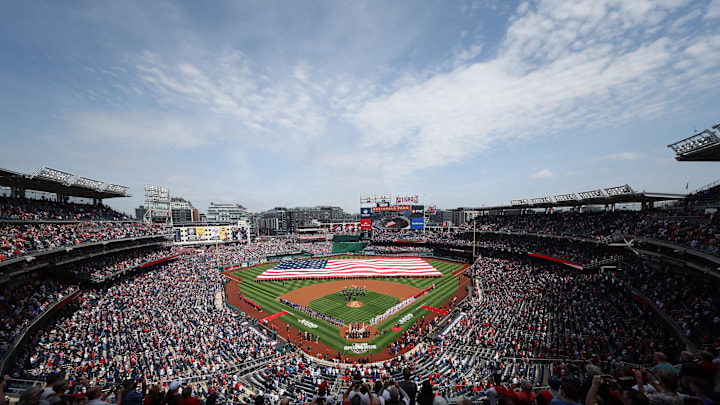 Apr 3, 2026; Washington, District of Columbia, USA; A general view of Opening Day at Nationals Park prior to the Nationals’ game against the Los Angeles Dodgers. Mandatory Credit: Geoff Burke-Imagn Images