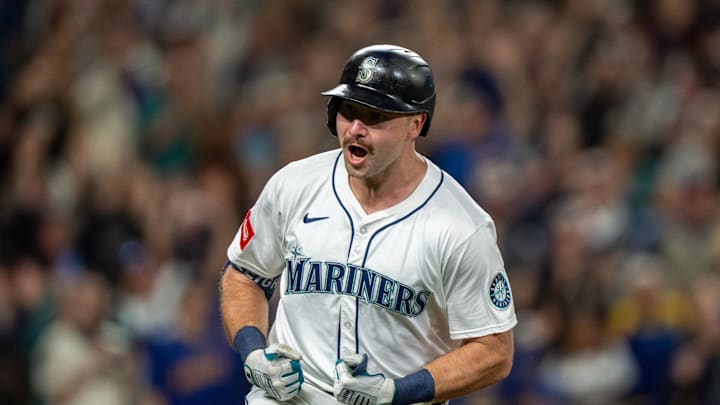 Sep 24, 2025; Seattle, Washington, USA; Seattle Mariners catcher Cal Raleigh (29) celebrates after hitting a solo home run during the eighth inning against the Colorado Rockies at T-Mobile Park. Mandatory Credit: Stephen Brashear-Imagn Images
