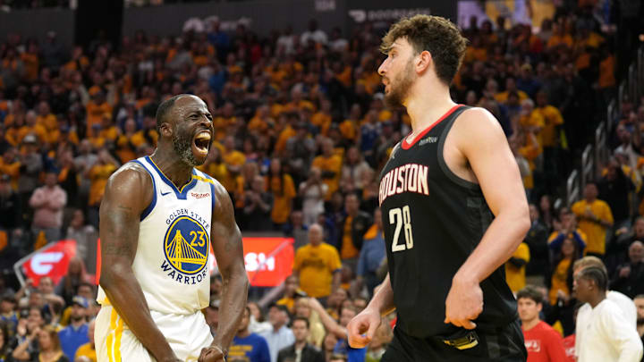 Golden State Warriors forward Draymond Green reacts after forcing a turnover by Houston Rockets center Alperen Sengun. Golden State Warriors forward Draymond Green reacts after forcing a turnover by Houston Rockets center Alperen Sengun.