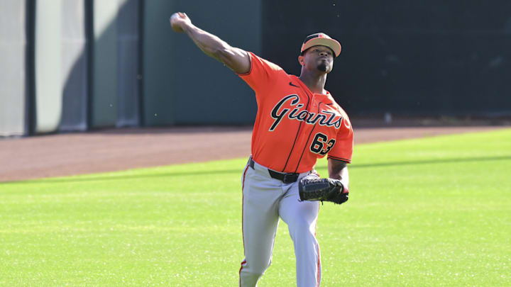 Feb 10, 2026; Scottsdale, AZ, USA;  San Francisco Giants pitcher Joel Peguero (63) throws during a Spring Training workout at Scottsdale Stadium Mandatory Credit: Matt Kartozian-Imagn Images