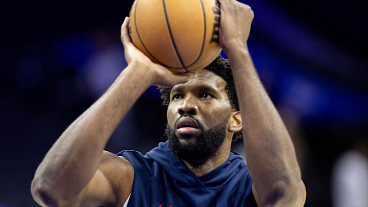 Oct 20, 2023; Philadelphia, Pennsylvania, USA; Philadelphia 76ers center Joel Embiid warms up before a game against the Atlanta Hawks at Wells Fargo Center. Mandatory Credit: Bill Streicher-Imagn Images Oct 20, 2023; Philadelphia, Pennsylvania, USA; Philadelphia 76ers center Joel Embiid warms up before a game against the Atlanta Hawks at Wells Fargo Center. Mandatory Credit: Bill Streicher-Imagn Images