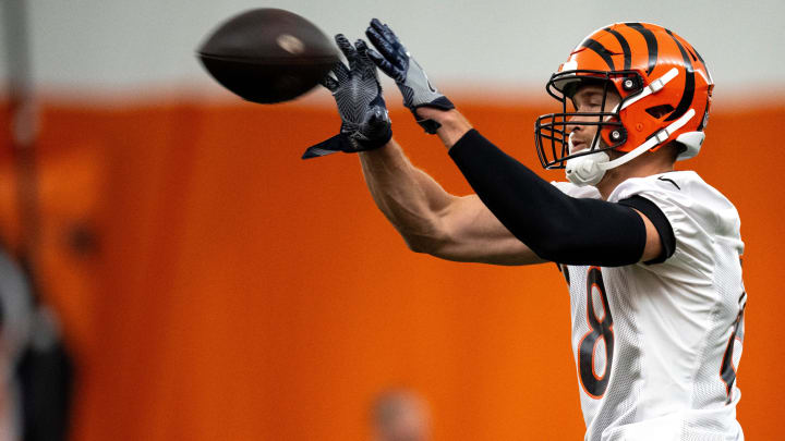 Cincinnati Bengals tight end Mike Gesicki (88) catches a pass at Bengals spring practice at the IEL Indoor Facility in Cincinnati on Tuesday, June 11, 2024. Cincinnati Bengals tight end Mike Gesicki (88) catches a pass at Bengals spring practice at the IEL Indoor Facility in Cincinnati on Tuesday, June 11, 2024.