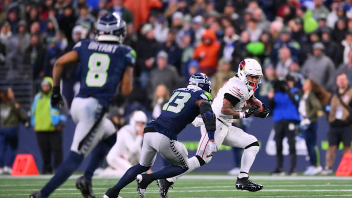 Nov 24, 2024; Seattle, Washington, USA; Arizona Cardinals running back James Conner (6) carries the ball against the Seattle Seahawks during the second half at Lumen Field. Mandatory Credit: Steven Bisig-Imagn Images Nov 24, 2024; Seattle, Washington, USA; Arizona Cardinals running back James Conner (6) carries the ball against the Seattle Seahawks during the second half at Lumen Field. Mandatory Credit: Steven Bisig-Imagn Images