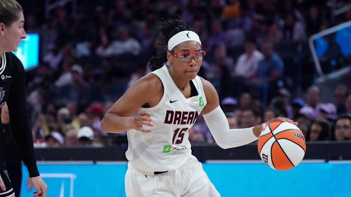 Aug 17, 2025; San Francisco, California, USA; Atlanta Dream guard Allisha Gray (15) dribbles upcourt against the Golden State Valkyries in the fourth quarter at Chase Center. Mandatory Credit: David Gonzales-Imagn Images Aug 17, 2025; San Francisco, California, USA; Atlanta Dream guard Allisha Gray (15) dribbles upcourt against the Golden State Valkyries in the fourth quarter at Chase Center. Mandatory Credit: David Gonzales-Imagn Images