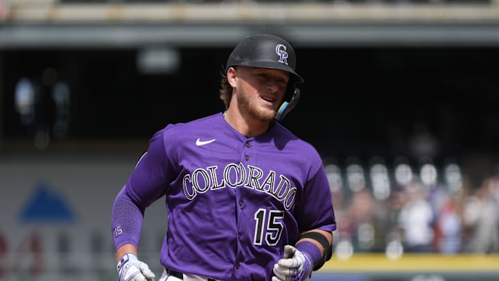 Apr 8, 2026; Denver, Colorado, USA; Colorado Rockies catcher Hunter Goodman (15) runs off his solo home run in the fourth inning against the Houston Astros at Coors Field.