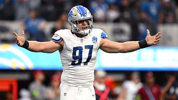 Nov 12, 2023; Inglewood, California, USA; Detroit Lions defensive end Aidan Hutchinson (97) reacts during the second half against the Los Angeles Chargers at SoFi Stadium. Mandatory Credit: Orlando Ramirez-Imagn Images