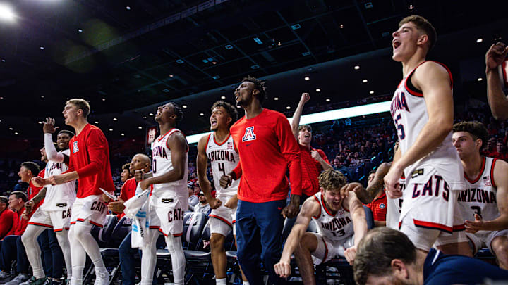 Nov 4, 2024; Tucson, Arizona, USA; Arizona Wildcats players celebrate during the second half against the Canisius Golden Griffins at McKale Center. Mandatory Credit: Aryanna Frank-Imagn Images