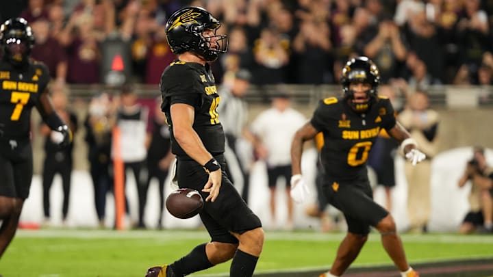 Sep 26, 2025; Tempe, Arizona, USA; Arizona State Sun Devils quarterback Sam Leavitt (10) walks in for a touchdown against the TCU Horned Frogs in the first half at Mountain America Stadium, Home of the ASU Sun Devils. Mandatory Credit: Jacob Reiner-Imagn Images