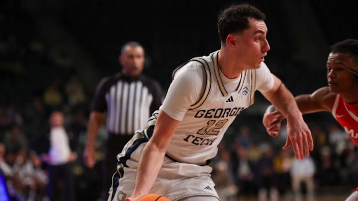 Dec 16, 2025; Atlanta, Georgia, USA; Georgia Tech Yellow Jackets guard Kam Craft (12) dribbles against the Marist Red Foxes in the first half at McCamish Pavilion. Mandatory Credit: Brett Davis-Imagn Images
