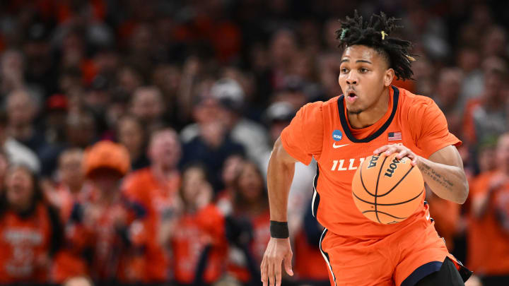 Mar 30, 2024; Boston, MA, USA; Illinois Fighting Illini guard Terrence Shannon Jr. (0) dribbles the ball against the Connecticut Huskies in the finals of the East Regional of the 2024 NCAA Tournament at TD Garden. Mandatory Credit: Brian Fluharty-USA TODAY Sports