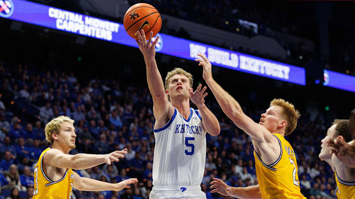 Nov 19, 2024; Lexington, Kentucky, USA; Kentucky Wildcats guard Collin Chandler (5) shoots the ball during the second half against the Lipscomb Bisons at Rupp Arena at Central Bank Center. Mandatory Credit: Jordan Prather-Imagn Images
