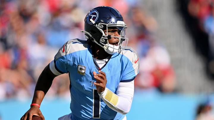 Nov 16, 2025; Nashville, Tennessee, USA; Tennessee Titans quarterback Cam Ward (1) looks to pass the ball against the Houston Texans during the first quarter at Nissan Stadium. Mandatory Credit: Steve Roberts-Imagn Images