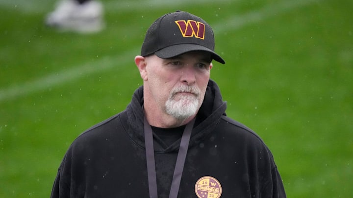 Nov 13, 2025; Madrid, Spain; Washington Commanders head coach Dan Quinn during practice at Ciudad Deportiva del Real Madrid. Mandatory Credit: Kirby Lee-Imagn Images
