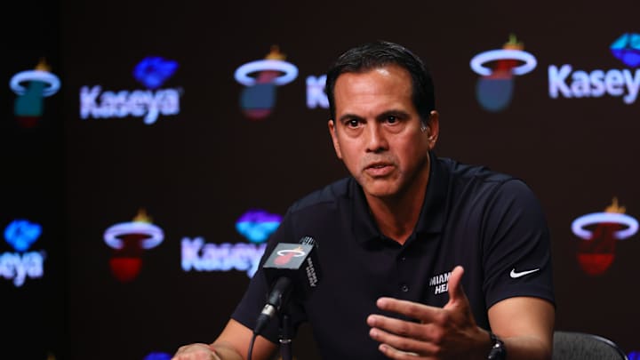 Sep 30, 2024; Miami, FL, USA; Miami Heat head coach Erik Spoelstra talks to reporters during media day at Kaseya Center Mandatory Credit: Sam Navarro-Imagn Images Sep 30, 2024; Miami, FL, USA; Miami Heat head coach Erik Spoelstra talks to reporters during media day at Kaseya Center Mandatory Credit: Sam Navarro-Imagn Images