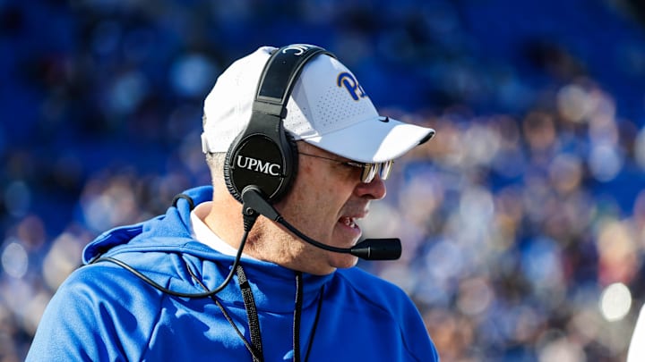 Nov 25, 2023; Durham, North Carolina, USA; Pittsburgh Panthers head coach Pat Narduzzi looks on during the first half of the game against Duke Blue Devils at Wallace Wade Stadium. Mandatory Credit: Jaylynn Nash-Imagn Images