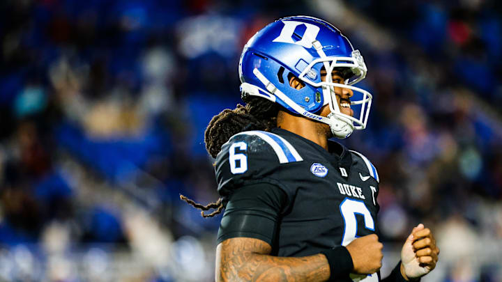 Nov 23, 2024; Durham, North Carolina, USA; Duke Blue Devils quarterback Maalik Murphy (6) smiles during the second half of the game against Virginia Tech Hokies at Wallace Wade Stadium. Mandatory Credit: Jaylynn Nash-Imagn Images