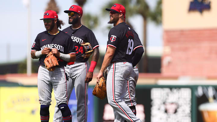 Mar 5, 2024; Jupiter, Florida, USA; Minnesota Twins second baseman Austin Martin (82), third baseman Mar 5, 2024; Jupiter, Florida, USA; Minnesota Twins second baseman Austin Martin (82), third baseman