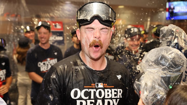 Oct 2, 2024; Houston, Texas, USA; Detroit Tigers catcher Jake Rogers (34) celebrates with teammates in the locker room after defeating the Houston Astros in game two of the Wildcard round for the 2024 MLB Playoffs at Minute Maid Park. Mandatory Credit: Thomas Shea-Imagn Images Oct 2, 2024; Houston, Texas, USA; Detroit Tigers catcher Jake Rogers (34) celebrates with teammates in the locker room after defeating the Houston Astros in game two of the Wildcard round for the 2024 MLB Playoffs at Minute Maid Park. Mandatory Credit: Thomas Shea-Imagn Images