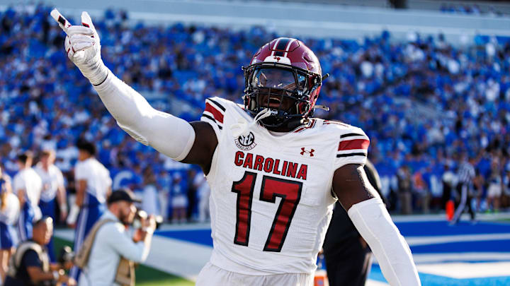 Sep 7, 2024; Lexington, Kentucky, USA; South Carolina Gamecocks linebacker Demetrius Knight Jr. (17) celebrates after a touchdown during the fourth quarter against the Kentucky Wildcats at Kroger Field. Mandatory Credit: Jordan Prather-Imagn Images