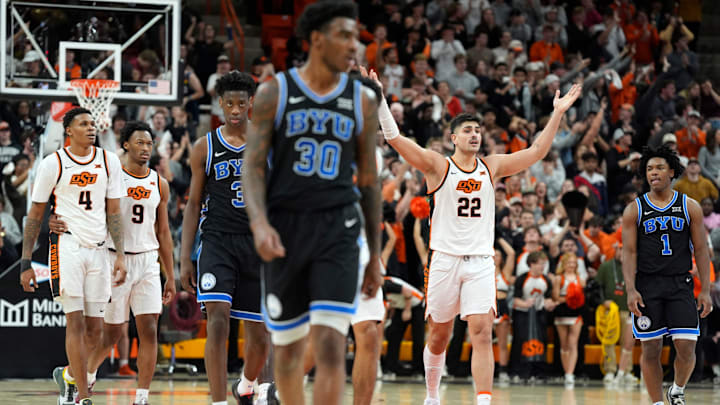 Oklahoma State Cowboys forward Parsa Fallah (22) celebrates during a BIG 12 men's college basketball game between the Oklahoma State Cowboys (OSU) and the BYU Cougars at Gallagher-Iba Arena in Stillwater, Okla., Wednesday, Feb. 4, 2026.