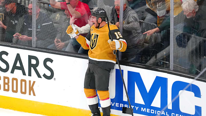 Apr 15, 2026; Las Vegas, Nevada, USA; Vegas Golden Knights right wing Reilly Smith (19) celebrates after scoring a goal against the Seattle Kraken during the third period at T-Mobile Arena. Mandatory Credit: Stephen R. Sylvanie-Imagn Images