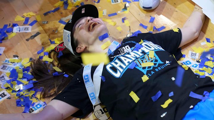 UCLA Bruins guard Gabriela Jaquez (11) reacts after her team defeats the USC Trojans during the 2025 TIAA Big Ten Women's Basketball Tournament final on Sunday, March 9, 2025, at Gainbridge Fieldhouse in Indianapolis. UCLA defeated USC 72-67.