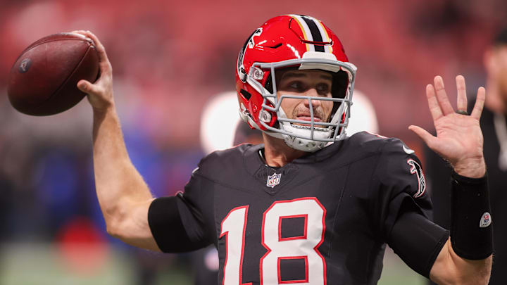 Dec 29, 2025; Atlanta, Georgia, USA; Atlanta Falcons quarterback Kirk Cousins (18) warms up before a game against the Los Angeles Rams at Mercedes-Benz Stadium. Mandatory Credit: Brett Davis-Imagn Images