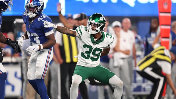 Aug 16, 2025; East Rutherford, New Jersey, USA; New York Jets wide receiver Quentin Skinner (39) celebrates  during the second half against the New York Giants at MetLife Stadium. Mandatory Credit: Vincent Carchietta-Imagn Images