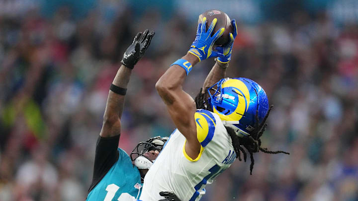 Oct 19, 2025; London, United Kingdom; Los Angeles Rams wide receiver Davante Adams (17) makes a catch against Jacksonville Jaguars wide receiver Travis Hunter (12) during the second half of an NFL International Series game at Wembley Stadium. Mandatory Credit: Kirby Lee-Imagn Images Oct 19, 2025; London, United Kingdom; Los Angeles Rams wide receiver Davante Adams (17) makes a catch against Jacksonville Jaguars wide receiver Travis Hunter (12) during the second half of an NFL International Series game at Wembley Stadium. Mandatory Credit: Kirby Lee-Imagn Images