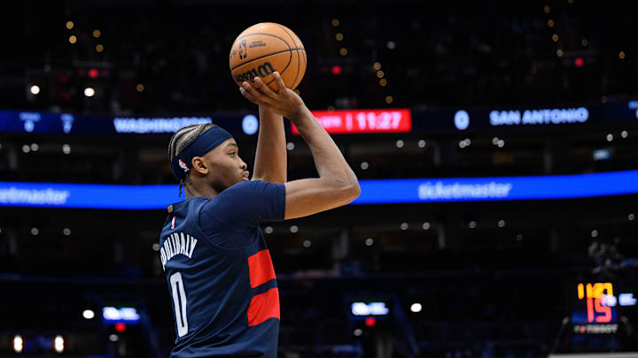 Feb 10, 2025; Washington, District of Columbia, USA; Washington Wizards guard Bilal Coulibaly (0) takes a shot during the second quarter against the San Antonio Spurs at Capital One Arena. Mandatory Credit: Reggie Hildred-Imagn Images