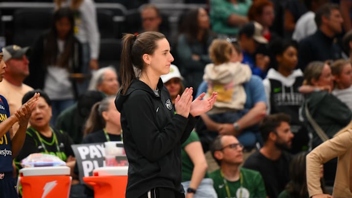 Aug 3, 2025; Seattle, Washington, USA; Indiana Fever guard Caitlin Clark (22) during the second half against the Seattle Storm at Climate Pledge Arena. Mandatory Credit: Steven Bisig-Imagn Images