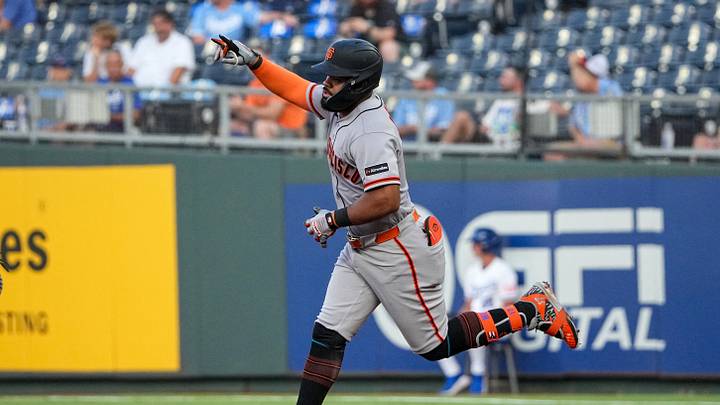 Jul 20, 2026; Kansas City, Missouri, USA; San Francisco Giants left fielder Heliot Ramos (17) celebrates while running the bases against the Kansas City Royals after hitting a solo home run in the fourth inning at Kauffman Stadium. Mandatory Credit: Denny Medley-Imagn Images