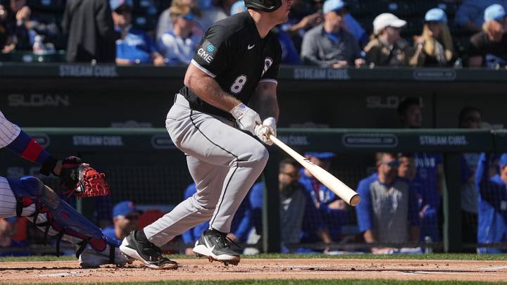 Feb 20, 2026; Mesa, Arizona, USA; Chicago White Sox catcher Kyle Teel (8) hits against the Chicago Cubs in the first inning at Sloan Park. Mandatory Credit: Rick Scuteri-Imagn Images Feb 20, 2026; Mesa, Arizona, USA; Chicago White Sox catcher Kyle Teel (8) hits against the Chicago Cubs in the first inning at Sloan Park. Mandatory Credit: Rick Scuteri-Imagn Images