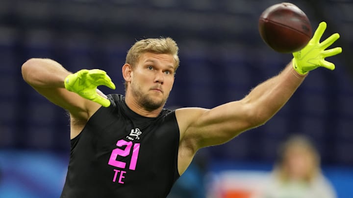 Feb 27, 2026; Indianapolis, IN, USA; Stanford tight end  Sam Roush (TE21) during the NFL Scouting Combine at Lucas Oil Stadium. 