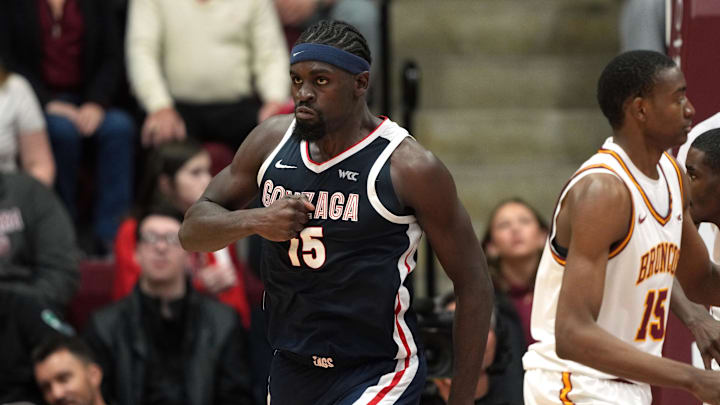 Feb 14, 2026; Santa Clara, California, USA; Gonzaga Bulldogs forward Graham Ike (center) gestures after scoring against the Santa Clara Broncos during the first half at Leavey Center.