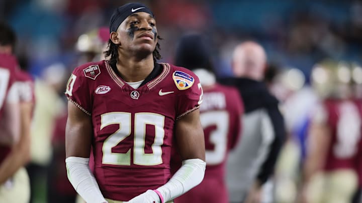 Dec 30, 2023; Miami Gardens, FL, USA;Florida State Seminoles defensive back Azareye'h Thomas (20) reacts after the 2023 Orange Bowl at Hard Rock Stadium. Mandatory Credit: Sam Navarro-Imagn Images