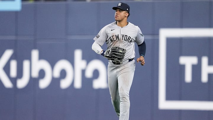 Juan Soto runs in the outfield at Rogers Centre in Toronto