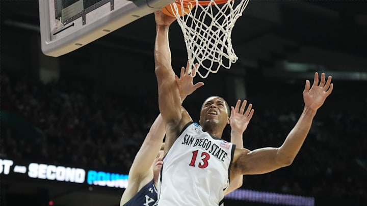 Mar 24, 2024; Spokane, WA, USA; San Diego State Aztecs forward Jaedon LeDee (13) shoots the ball in