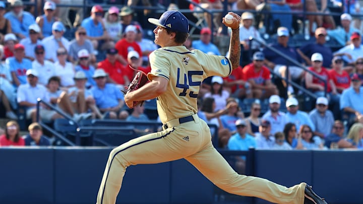 Jun 1, 2025; Oxford, MS, USA; Georgia Tech Yellowjackets relief pitcher Connor Chicoli (45) pitches during the eighth inning against the Mississippi Rebels. Mandatory Credit: Petre Thomas-Imagn Images