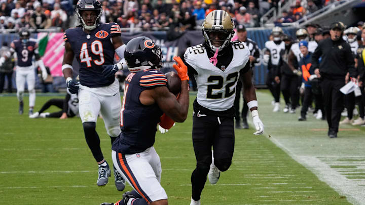 Bears safety Kevin Byard intercepts a pass intended for New Orleans wide receiver Rashid Shaheed in a 26-14 Chicago win.