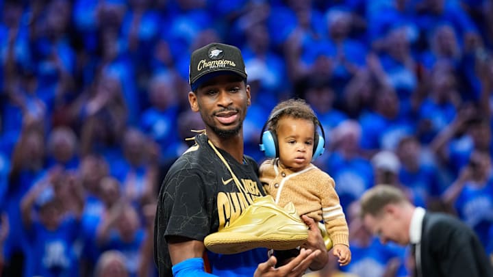 Jun 22, 2025; Oklahoma City, Oklahoma, USA; Oklahoma City Thunder guard Shai Gilgeous-Alexander (2) after winning game seven of the 2025 NBA Finals against the Indiana Pacers at Paycom Center. Mandatory Credit: Kyle Terada-Imagn Images Jun 22, 2025; Oklahoma City, Oklahoma, USA; Oklahoma City Thunder guard Shai Gilgeous-Alexander (2) after winning game seven of the 2025 NBA Finals against the Indiana Pacers at Paycom Center. Mandatory Credit: Kyle Terada-Imagn Images